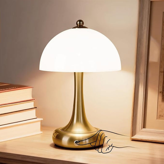 Rechargeable Cordless Table Lamp, Mushroom Touch Lamp with 3-Way Dimmable Control, 3000mAh Battery Powered LED Desk Lamp, Small Bedside Lamp for Bedroom, USB Charging, Home & Office Decor, Gold