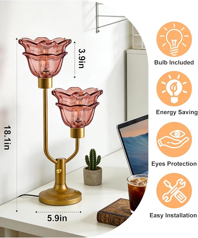 Lightdot Mid Century Modern Flower Table Lamp Gold Dimmable U-Shaped Deep Red Glass Desk Lamps with 2Pcs 3000K Warmwhite Bulbs Included Bedside Nightstand Lamp for Living Room Bedroom