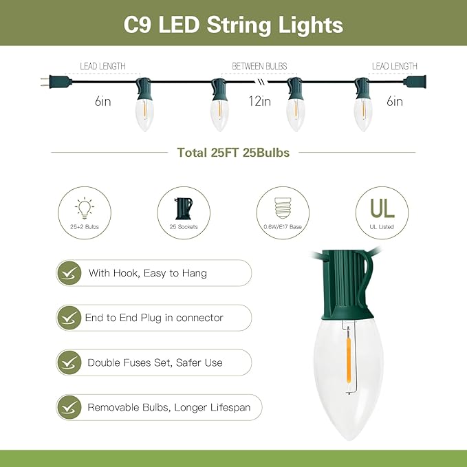 C9 LED Christmas Lights Outdoor, 25FT Green Wire, Warm White Vintage Patio Hanging Lights, Waterproof for Porch, Xmas Tree, Holiday Party Décor