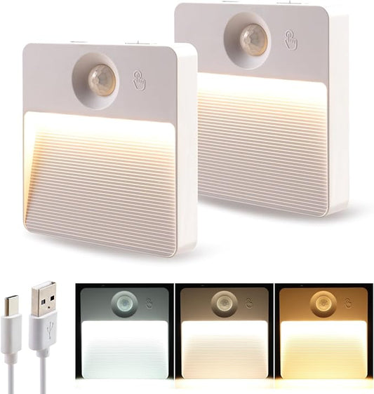 DAMI Rechargeable Motion Sensor Night Light Indoor, 2 Pack - Dimmable LED Closet Lights with 3 Color Temperatures, Magnetic Stick-On Wireless Under Cabinet Lighting for Hallway, Stairs, Kitchen