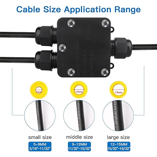 Helunsi Waterproof Junction Box 3 Way, IP68 External Waterproof Electrical Junction Box, Black Underground Junction Box Outdoor Cable Connector, for Diameter 5mm -15mm Wire Gland (1 Pack - Small)