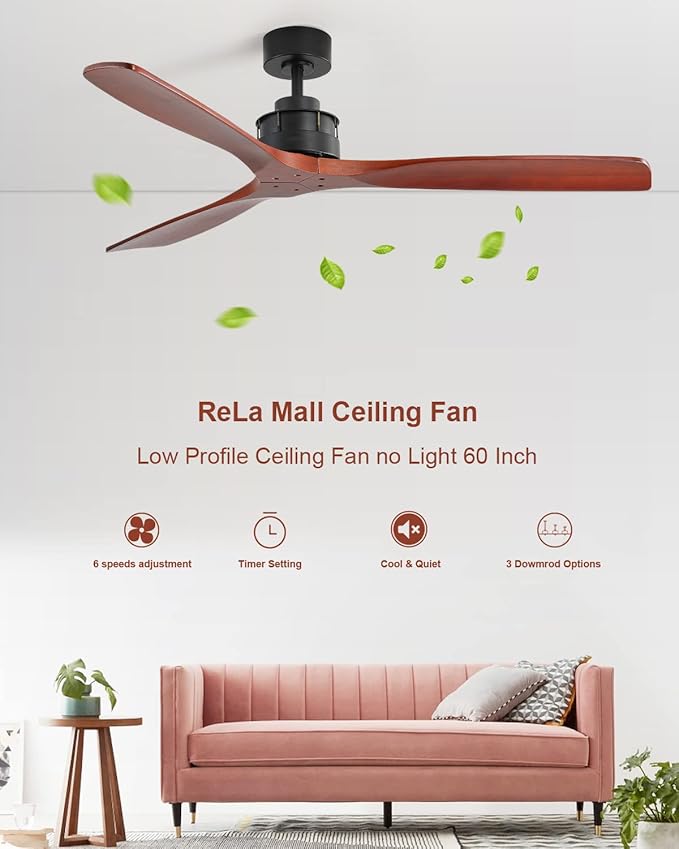 60 Inch Walnut Ceiling Fan with Remote Contro, 3 Wood Blade Ceiling Fans Without Lights, Ceiling Fan No Light with Timer, Noiseless Reversible DC Motor for Indoor Outdoor Farmhouse