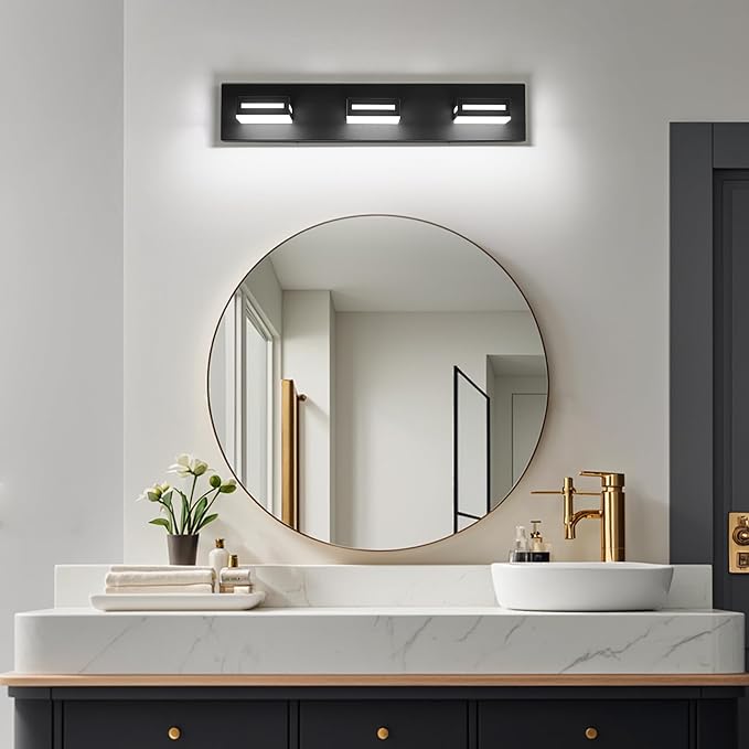24-Inch 3-Light LED Modern Black Bathroom Vanity Light Fixtures Over Mirror, Bathroom Lighting Fixtures with Cool White 6000K, Vanity Wall Lights for Bath Restroom Powder Room