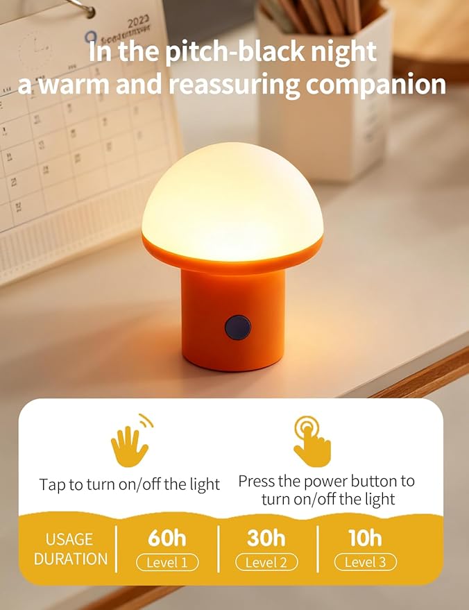 LED Night Light for Bedroom - Cute Mushroom Mini Desk Lamp with 3 Brightness Levels, USB Rechargeable & Portable Bedside Lamp for Kids and Nursery Christmas Gifts for Birthday