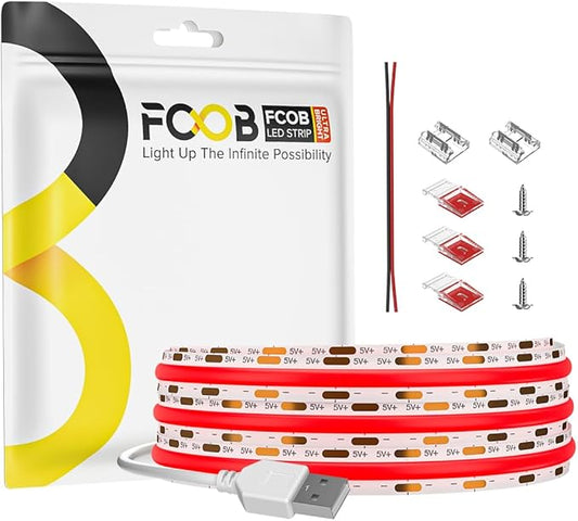 6.56FT/2M 5V USB LED Light Strip Red Flexible High Density COB Strips 640LEDs, 8mm LED Tape for Under Cabinet Bedroom No Controller and Power