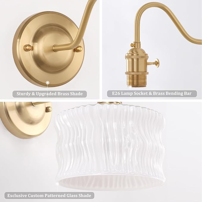 Battery Operated Wall Sconce Set of 2, Vintage Rechargeable Wall Lights with White Ripple Glass Shade, Wireless Indoor Wall Lamp for Bedroom Living Room Bathroom