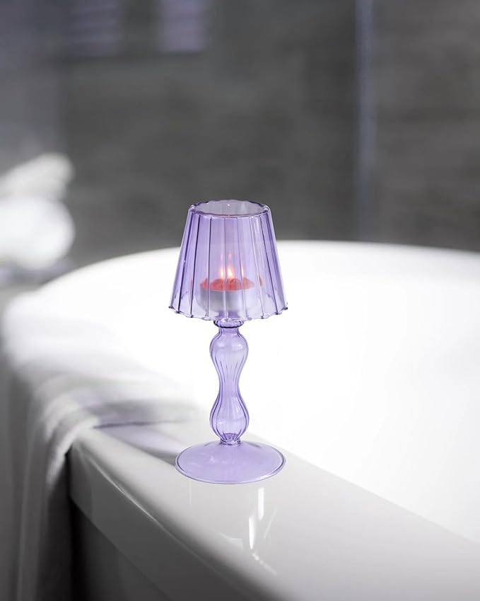 Desk Lamp Shaped Glass Candle Holder - Glass Hurricane Candleholder Crystal Decorative Candle Stand for Table Wedding Dinning Centerpieces Party Supplies Decor Purple