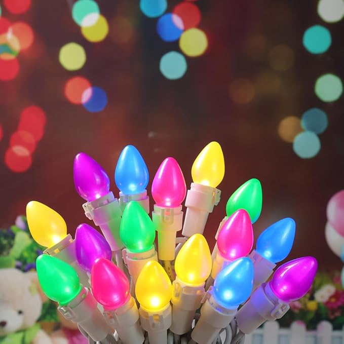 Easter String Lights LED Multi Color Glass C3 Lights 50 Count Easter Pastel Light 120V UL Certified Connectable Outdoor String Light White Wire for Party Patio Home