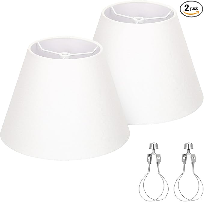 Small Lamp Shades Set of 2, 5.5" Top x 10" Bottom x 6.6" High, Small White Lamp Shades for Table Lamps, Fabric Lampshade Replacement for Bedside Lamp, Wall Sconces, Spider, Clip on Adapters Included