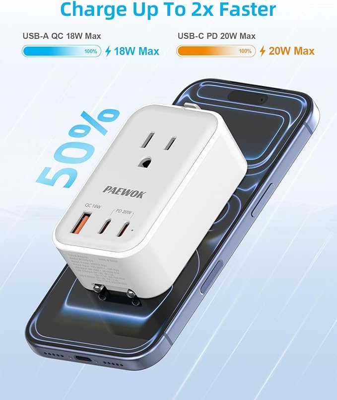 Travel Adapter PD 20W, Mini Universal Travel Adapter with 1 AC Outlet and USB Fast Charging, Ultra Thin International Plug Adaptor for US to European UK Italy Spain New Zealand (Type C G A I)