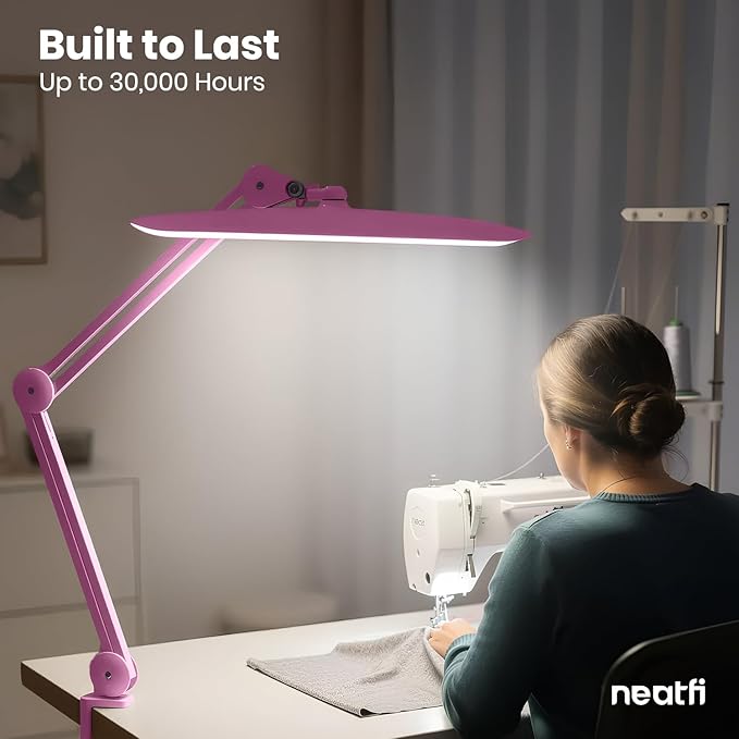 Neatfi XL LED Desk Lamp with Clamp, 2200 Lumens, 20W, 20-Inch Wide Head, Dimmable 4 Brightness Levels, 3 Color Modes 3000K–6000K, Task Light for Home Office, Crafts, Workbench (CCT, Pink)