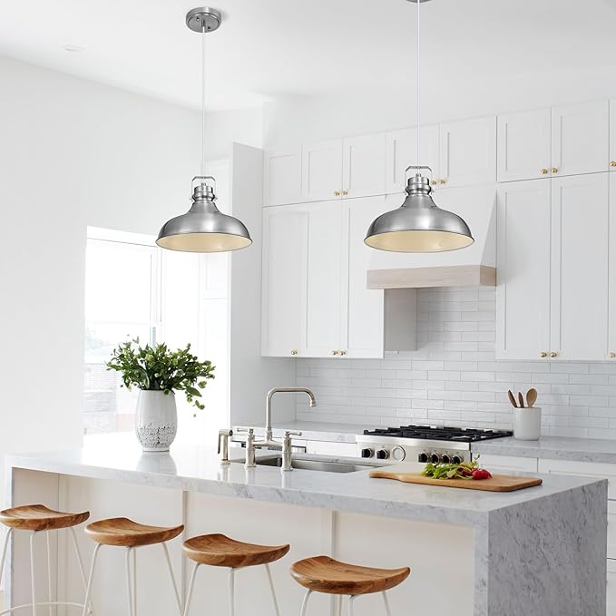 Brushed Nickel Farmhouse Pendant Lights Matte Pendant Lighting for Kitchen Island Industrial Adjustable Height Vintage Dome Hanging Light Fixtures for Barn, Dining Room 2 Packs
