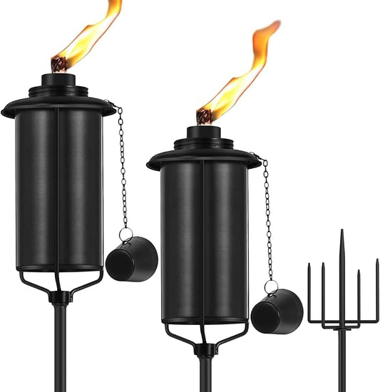 2-Pack Garden Metal Torches, 60" Upgraded Citronella Torches with 5-Prong Grounded Stakes, 16 oz Heavy-Duty Outdoor Torch Lights for Patio, Pathways, and Parties (Ultra-Stable Design)