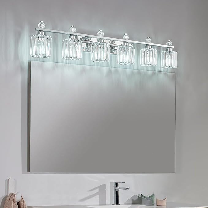 Bathroom Vanity Lights 6-Light Chrome Modern Crystal Vanity Light Fixtures Over Mirror Crystal Bathroom Vanity Lighting Fixtures