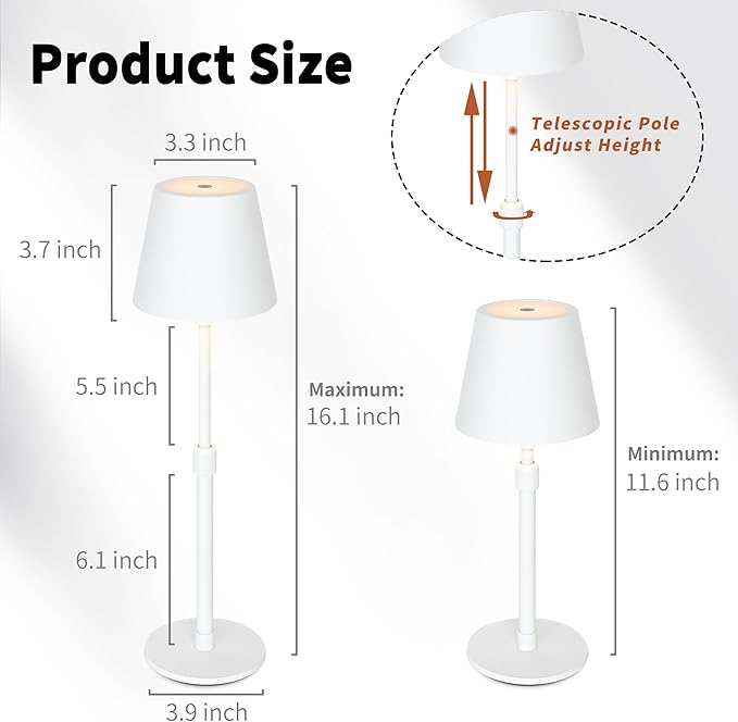 Mr.White Outdoor Waterproof Rechargeable Cordless Table Lamp with Telescopic Pole & Wicker Shade, 5200mAh Battery Operated Table Light with Touch Control, for Patio Restaurant Kitchen (White 2 Pack)