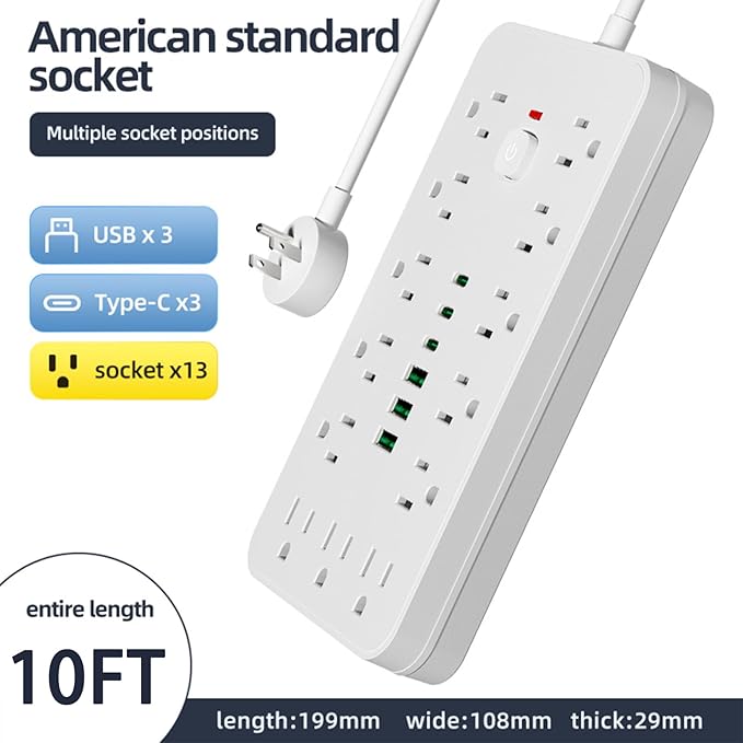 Surge Protector Power Strip 10 FT Flat Plug, 1875W/10A, 13 Multiple AC Outlets with 3 USB-A 3 USB C, One Touch Switch Button,Perfect for Home, Office, or Travel Use. White