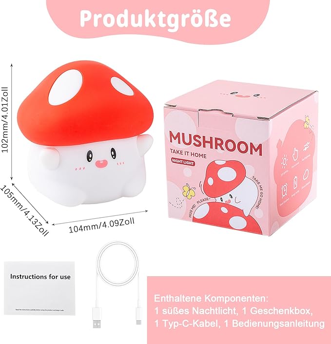 Hug Mushroom Night Light, 50-Hour Battery & Pat Control, Squishy Lamp for Kids Bedroom, Girls, USB Rechargeable with Timer, Easter Gifts