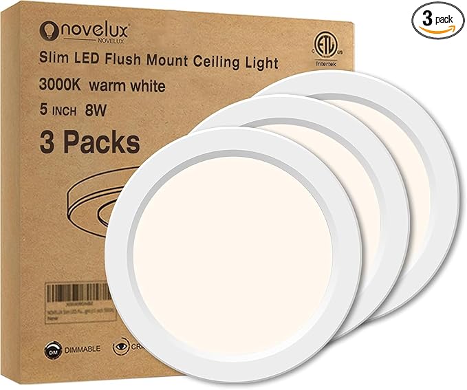 Flush Mount Ceiling Light Fixture - ETL Certified - 5 Inch Dimmable 3000K Warm White LED, 0.63'' Ultra Thin Round Design for Bedroom, Bathroom, Kitchen, Hallway, Basement, Closet (3-Pack)‌