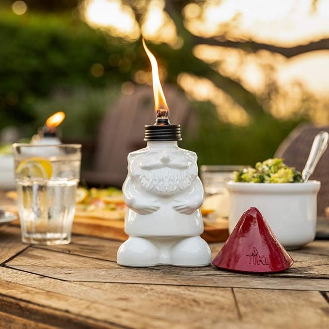 TIKI Brand 2-Pack Decorative Gnome Table Torch, for Outdoor Lighting in Patio, Backyard, 7 Inch, Red and White, 1120166