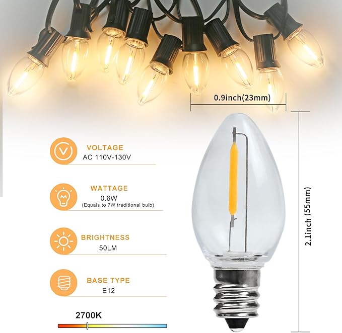 4 Pack Accessory Cord with LED Night Light Bulbs - White Cord with On/Off Switch Plugs - C7 led Bulb Warm White with Spare Fuse, for Holiday Decoration and Craft Village House Decoration