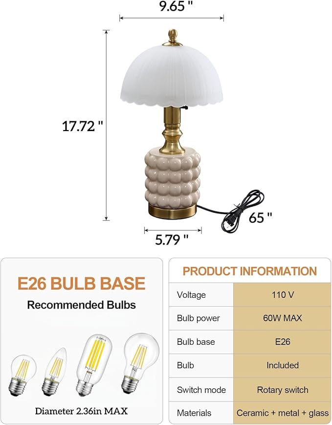 Vintage Lamp for Bedroom,Unique Lamps Cracked Ceramic lamp,UL Rotary Switch Control Glass lamp Shade,Small Table lamp for Living Room Decor Kitchen Lighting (White+Glass)