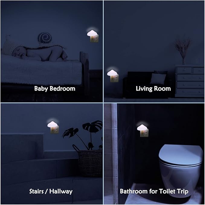 Sensor LED Mushroom Night Lights - 2Pack Plug into Wall Mushroom Lamp, Cute Mini Dream Bed Nightlight for Kids Adults for Home Office, Bedroom, Bathroom Toilet, Stairs, Hallway Corridor, Warm White