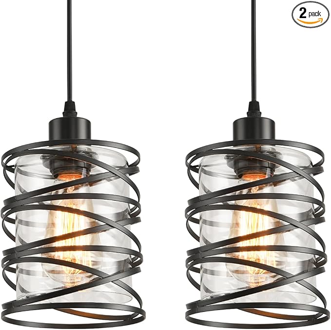 2 Pack Black Spiral Cage Pendant Lights with Clear Glass Shade, Suitable for Kitchen Island, Dining Table, Entryway, Restaurant