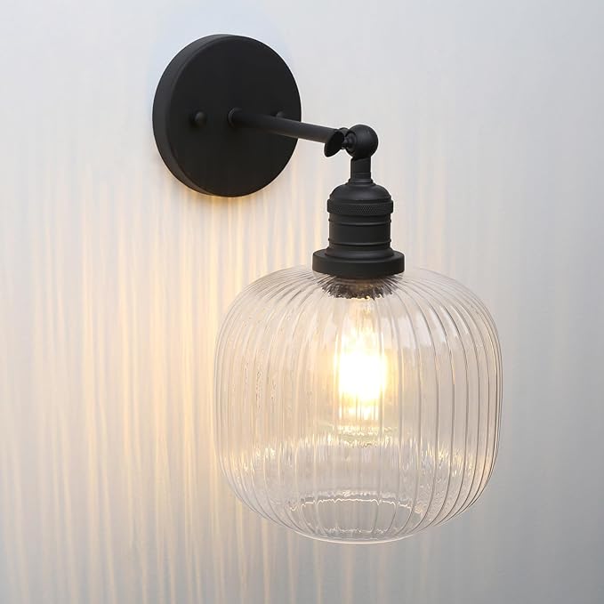 Pathson Modern Wall Sconce Lamp Clear Striped Round Glass, Hardwired Vintage Wall Vanity Light Fixture for Farmhouse Living Room Bedroom Bathroom Loft