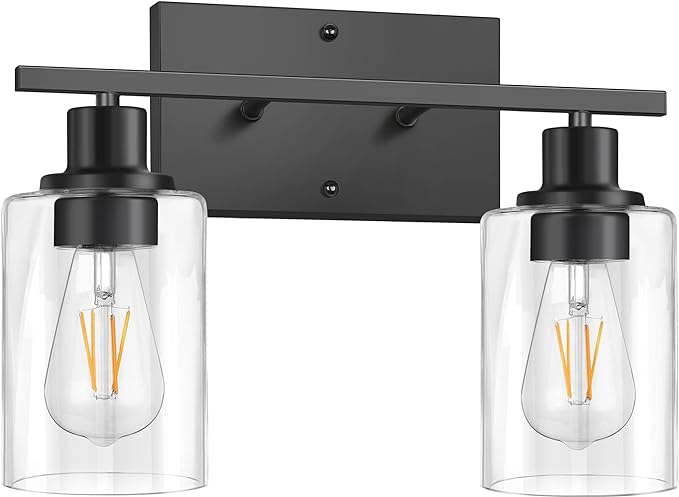 ShineTech 2-Light Bathroom Vanity Light Fixtures, Modern Wall Lighting with Clear Glass Shade, Matte Black Finished Wall Sconce Lighting for Mirror
