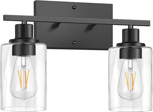 ShineTech 2-Light Bathroom Vanity Light Fixtures, Modern Wall Lighting with Clear Glass Shade, Matte Black Finished Wall Sconce Lighting for Mirror