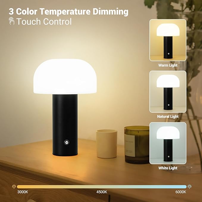 Cordless Mushroom Table Lamp Rechargeable,4000mAH Portable Battery Operated Lamp,3 Color Stepless Dimming Modern Lamps for Bedside Lamps,Touch Dimming Night Light for Home/Restaurant Black