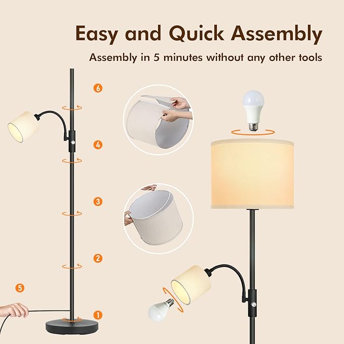 Floor Lamps Standing Lamp, Bright Stand up Lamp with Reading Light, White Lampshade, 62" Tall, 3-Way Rotary Switch, Black Corner Light for Bedroom Office, Modern Living Room Decor(LED Bulbs Included)