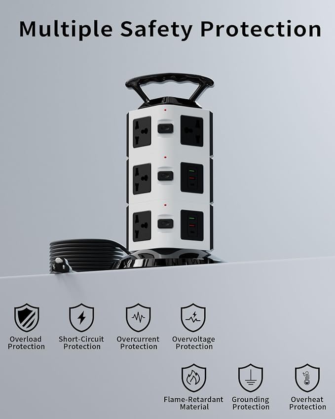 Power Strip Tower with 10 Outlets, 4 USB-A & 2 USB-C Ports, 1875W/15A Heavy Duty Charging Station for Multiple Devices, Plug Tower with 6ft Extension Cord, for Home, Office, Dorm
