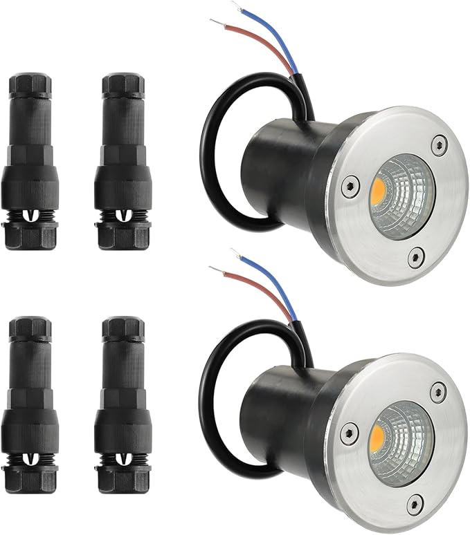 2 Pack Low Voltage Landscape Lights Well Lights 12-24V IP67 Waterproof In Ground Light and Outdoor Landscape Lighting for Garden Yard Driveway Deck Step Up Light with Connectors(Warm White)