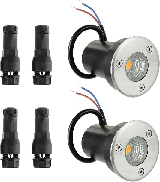 2 Pack Low Voltage Landscape Lights Well Lights 12-24V IP67 Waterproof In Ground Light and Outdoor Landscape Lighting for Garden Yard Driveway Deck Step Up Light with Connectors(Warm White)