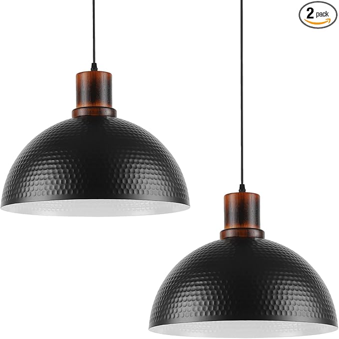 2 Pack Solid Wood Pendant Lights,16" Hammered Metal Black Finish Hanging Lighting Modern Lamp Industrial Dome Ceiling Light Fixtures for Kitchen Island Farmhouse Dining Room