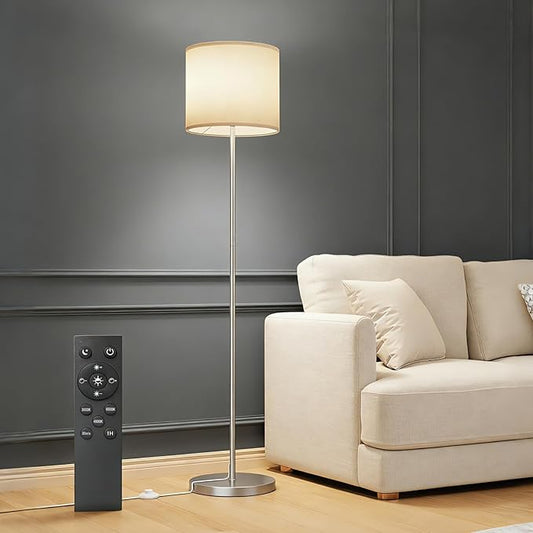Keepsmile Dimmable Floor Lamps for LivingRoom with 12W LED Bulb, Foot Switch, Remote Custom Color Temperature Floor Light, Linen Shade Standing Lamps, Modern Tall Lamp for Office Bedroom-Silver