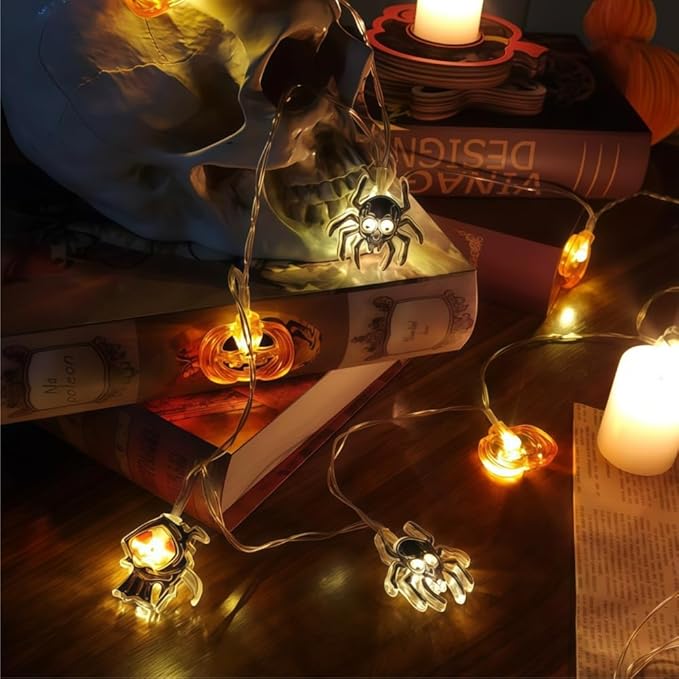 Halloween String Lights 9.8FT 20 LED Battery Powered Outdoor Decor, Pumpkin Mummy Skull Spider Designs, 2 Lighting Modes Halloween Lights Indoor for Yard Party Decoration(Style A)