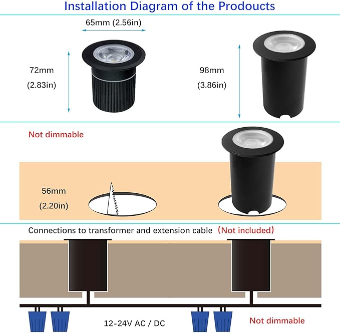 5W Aluminum In Ground Lights with Protecting Shell, Warm White Φ65mm Low Voltage 12-24V AC/DC 18AWG Wired IP67 Waterproof, Electric Recessed LED Outdoor Landscape Well Lighting, 6 Pack Black