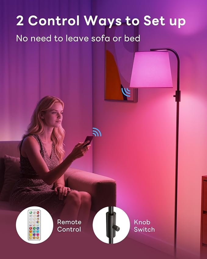 Dimmable Arc Floor Lamp, 1200 Lumens RGBCW Color Change Bulb Included, Standing Lamp with Linen Shade, 65" Tall Lamp with Remote for Living Room, Bedroom, Office, Dining Room, Kitchen, Black