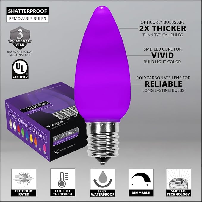 Wintergreen Lighting OptiCore Commercial Outdoor C9 LED Halloween Lights – 25 Lights, 25 ft Purple Smooth/Opaque String, 18 Gauge, SPT1, Spare Fuse