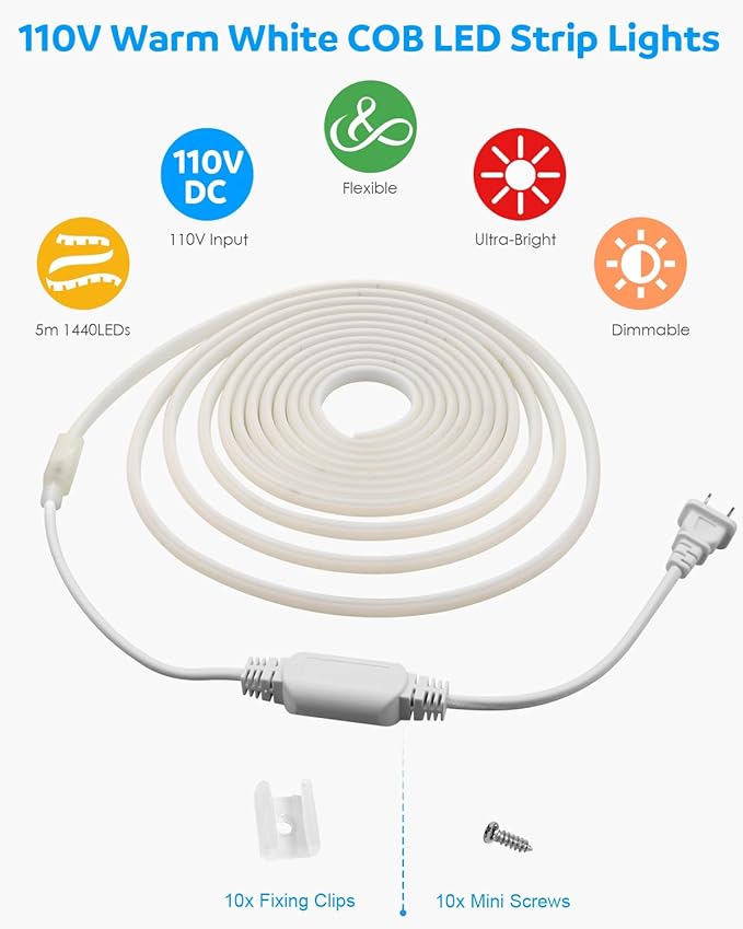 Aclorol 120V COB LED Strip Lights 16.4FT/5M Flexible COB LED Lights 3000K Warm White AC 110V-120V LED Flex Lights Strip Plug in High Density COB LED Rope Light for Outdoor Bedroom Patio Garden Decor