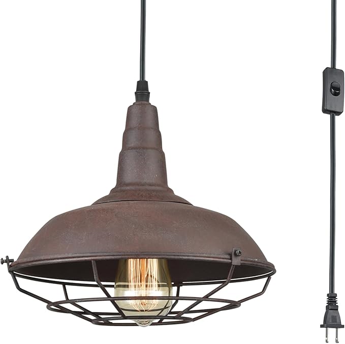 DAYCENT Industrial Plug-in Pendant Light Barn Style Hanging Lamp with Wire Caged Swag Light Fixture for Bedroom Hallway Kitchen Living Room, On/Off Switch