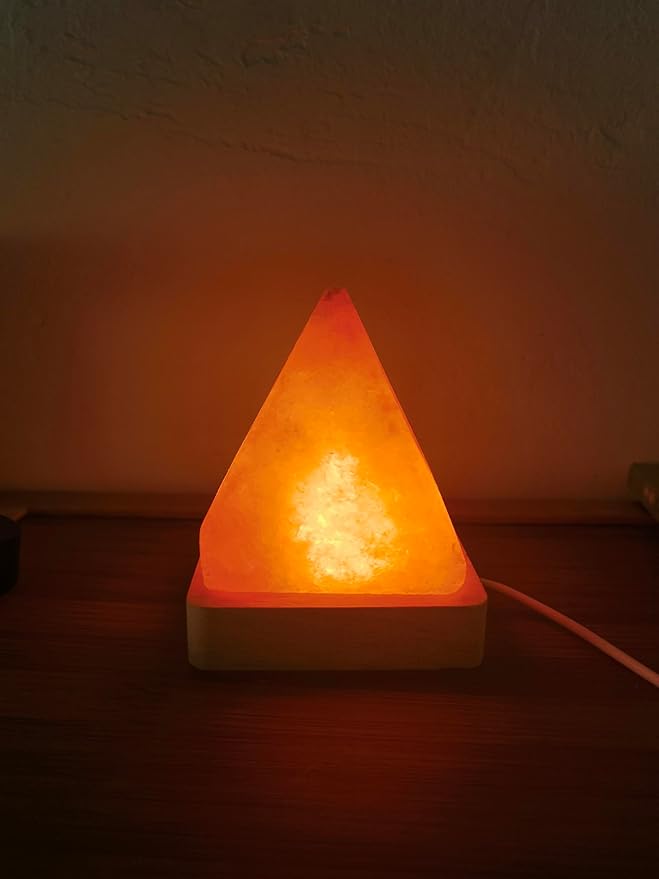USB Rainbow Gradient Himalayan Salt lamp, Solid Wood Base Atmosphere Decoration Pyramids Salt Light with Remote Control, Natural Crystal Stone Bedside Night lamp, Handmade Crafts.