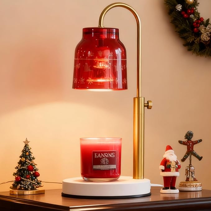 Christmas Candle Warmer Lamp, with 2 Bulbs,Timer & Dimmer,Compatible with Large Yankee Candle Jars,3 Wick Candles,Height Adjustable Electric Top Melter,Red,110-120v,Mother's Day Gifts