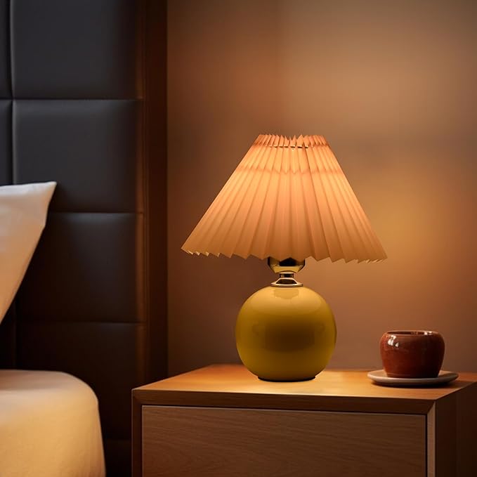 Korean Pleated Table Lamp Ins DIY Ceramic Table Lamps for Living Room Home Deco Cute Lamp with Tricolor Led Bulb Beside Lamp…
