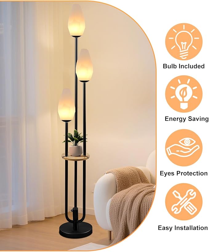 Black Floor Lamp with Tray, 3-Lights Dimmable Floor Lamps with Rock-Shaped Shade, Unique Candle Holder Style Modern Tall Standing Lamp for Living Room/Party(Bulbs Included)