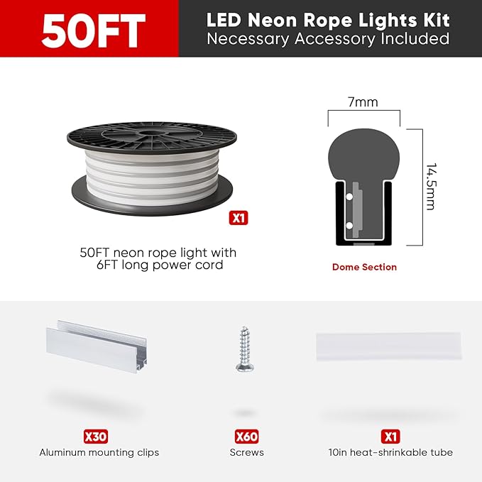 Shine Decor LED Neon Rope Lights AC 120V, ETL-Listed Flexible 120LEDs/M Dotless Strip Lighting, Custom Cuttable & IP65 Waterproof for Indoor Outdoor, 7x14.5mm, 6500K Cool White, 50FT