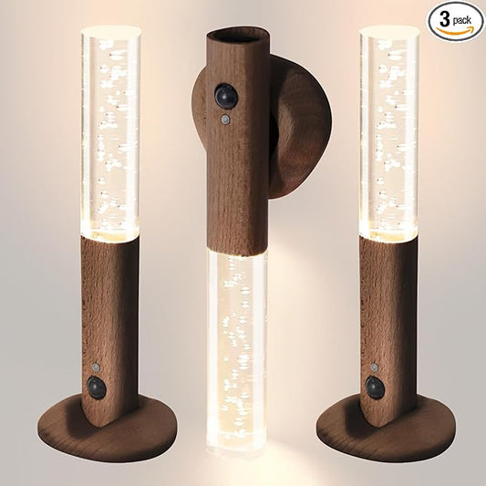 Motion Sensor Night Lights Indoor, Rechargeable Night Lights Wall Sconces Wooden Set of 3, Battery Powered Magnetic Wall Sconces Decor for Bedroom, Hallway, Bathroom, Stairway, Closet（Walnut Wood）