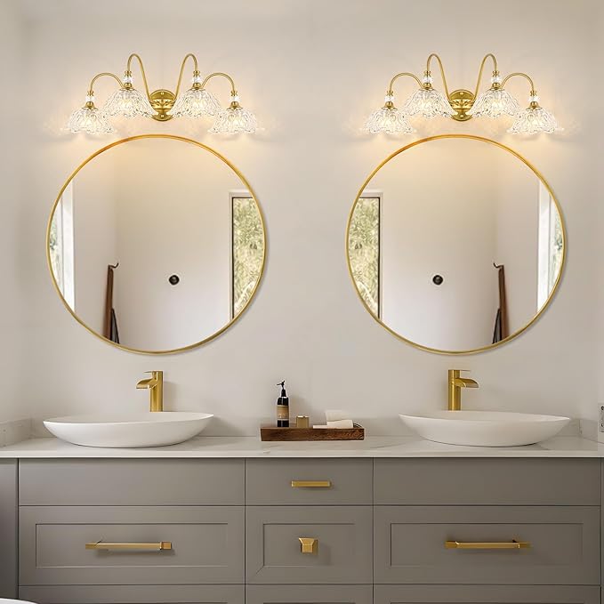 Gold Bathroom Vanity Light, 4-Light Brushed Gold Finish Vanity Light with Floral Clear Glass Shades, Vintage Wall Mount Lighting for Bathroom, Dressing Table